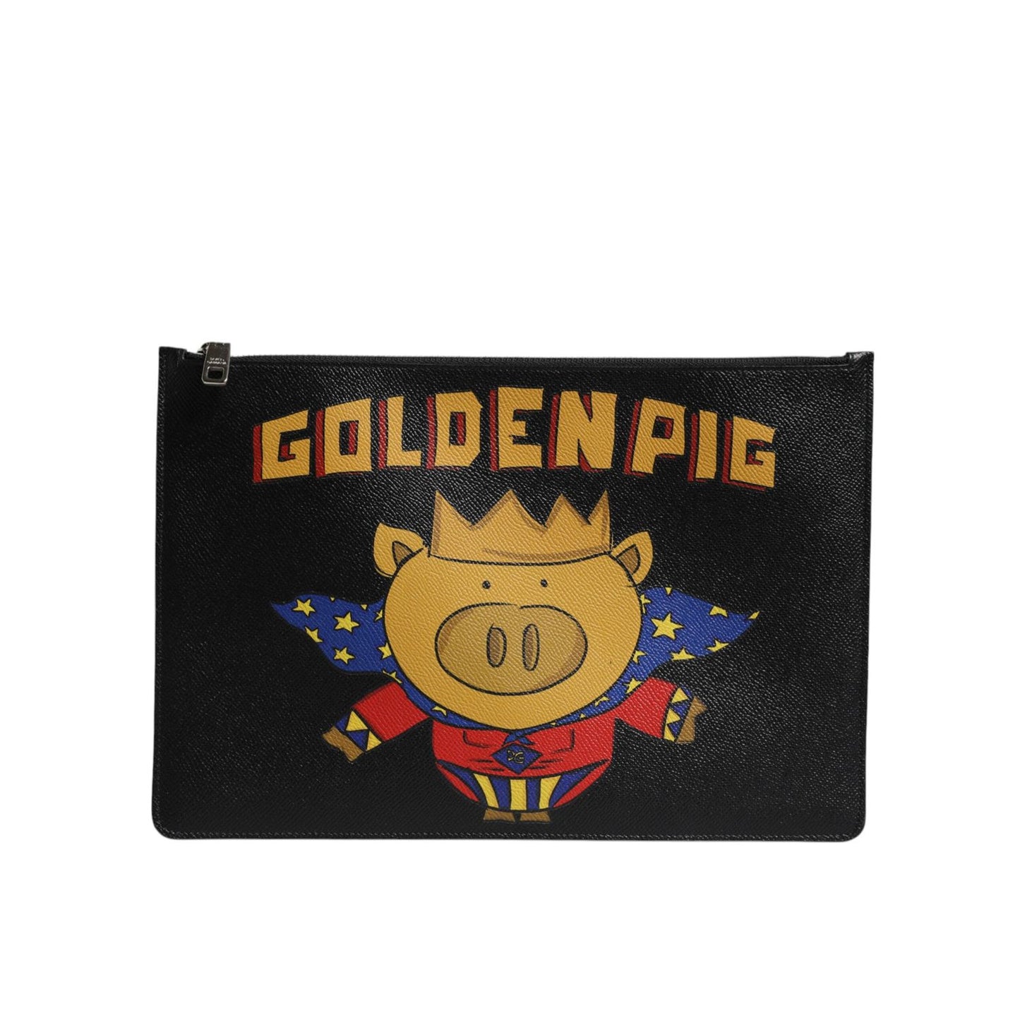 Dolce & Gabbana Black Leather Golden Pig Print Men Clutch Pouch Borse Bag