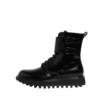 Dolce & Gabbana Black Leather Lace Up Mid Calf Boots Shoes with buckle details and rugged sole.