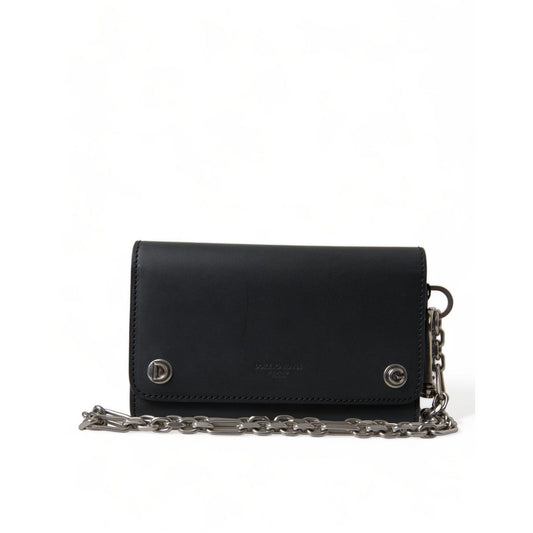 Alt Tag: Dolce & Gabbana Black Leather Logo Embossed Mini Bifold Wallet Borse Bag with chain, showcasing sleek and luxurious design.