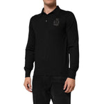 Dolce & Gabbana Black Logo Patch Collared Pullover Sweater in cashmere, model wearing long sleeves with a classic collar, smart casual fashion.
