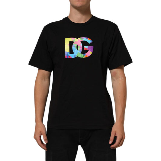 Dolce & Gabbana Black Logo Print Cotton Crew Neck T-shirt featuring colorful DG logo, short sleeves, and regular fit.
