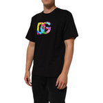 Dolce & Gabbana Black Logo Print Cotton Crew Neck T-shirt featuring colorful logo, short sleeves, and premium cotton material.