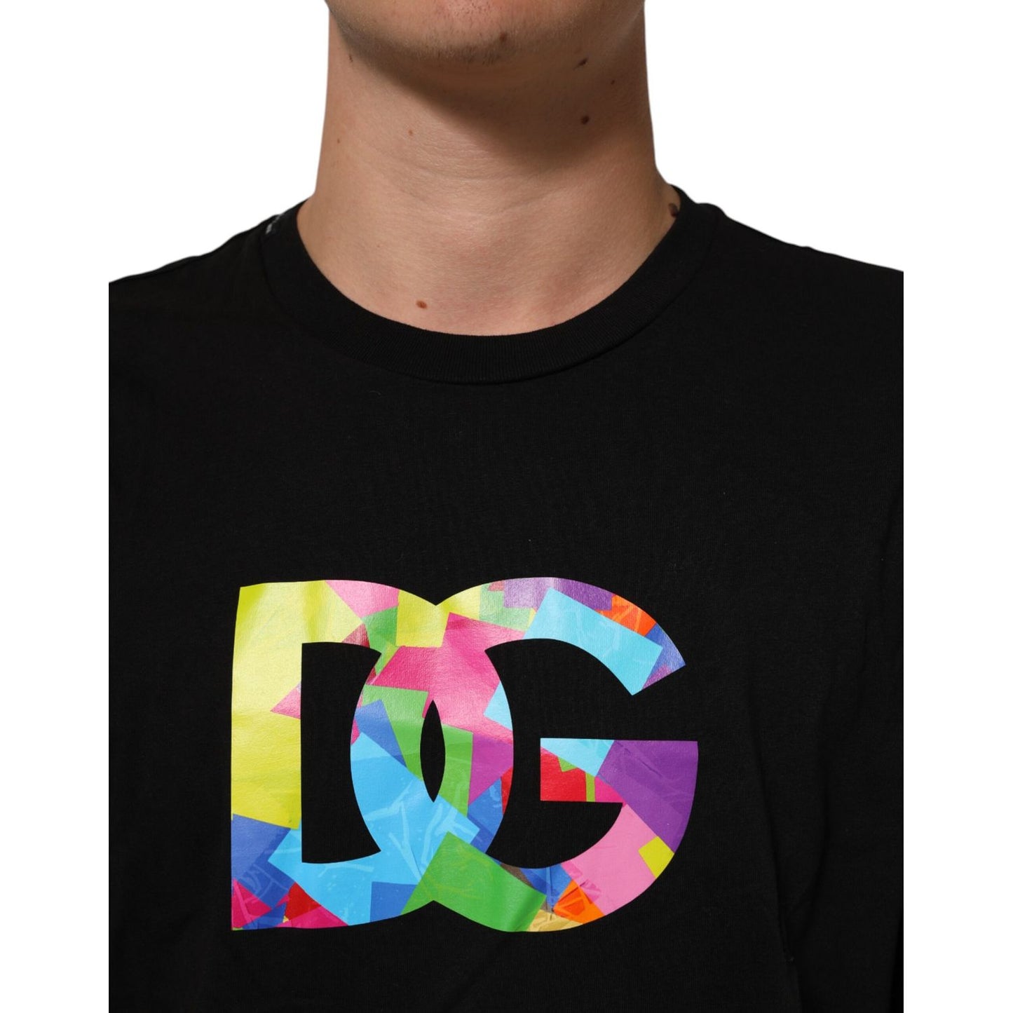 Dolce & Gabbana Black Logo Print Cotton Crew Neck T-shirt with colorful DG logo on chest.