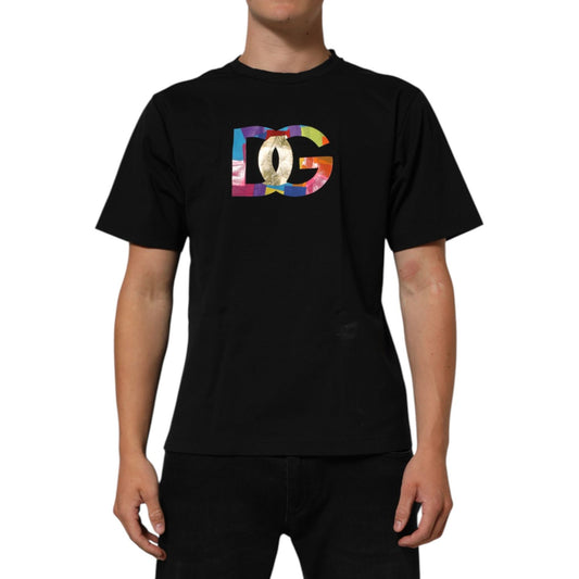 Dolce & Gabbana Black Logo Print Cotton Men Crew Neck T-shirt with colorful logo on front