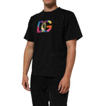 Dolce & Gabbana Black Logo Print Cotton Men Crew Neck T-shirt with colorful DG logo, classic style and premium cotton fabric.