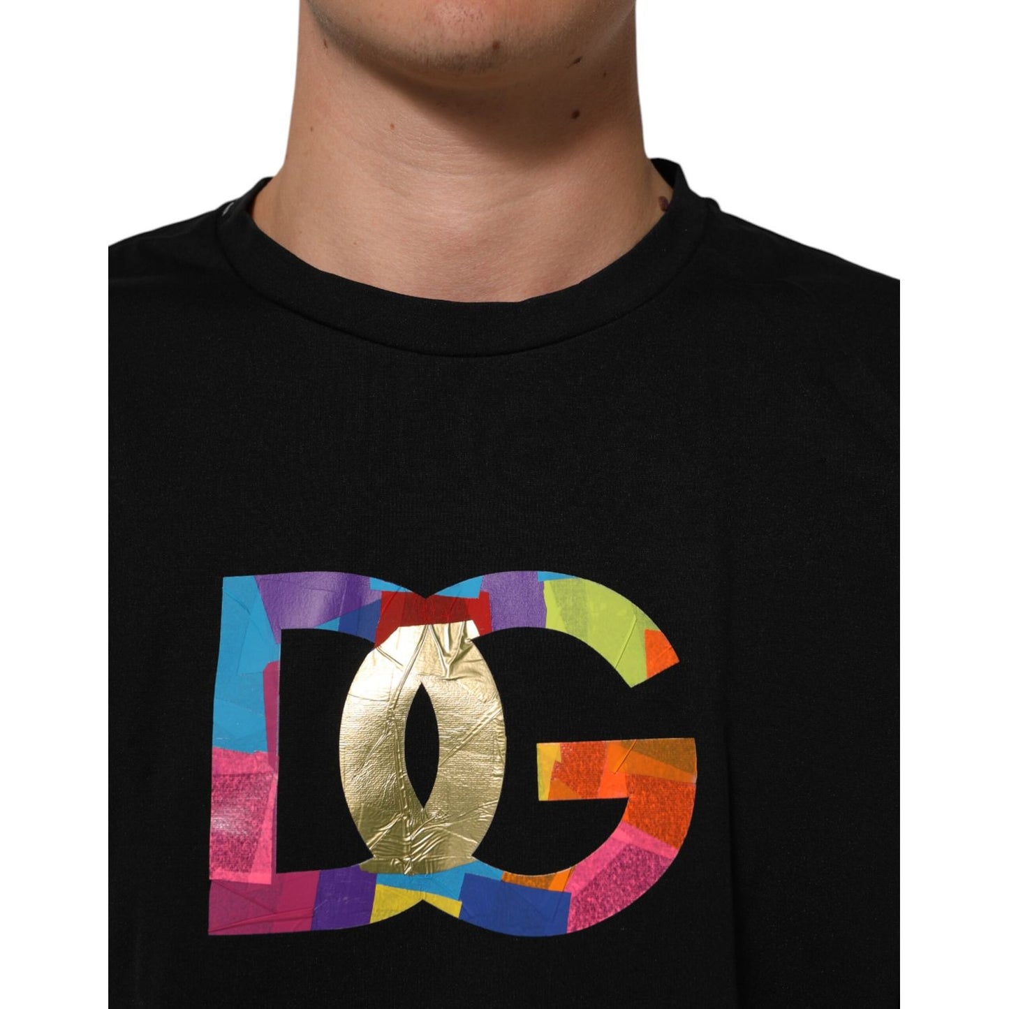 Dolce & Gabbana Black Logo Print Cotton Men Crew Neck T-shirt showcasing vibrant logo detail.