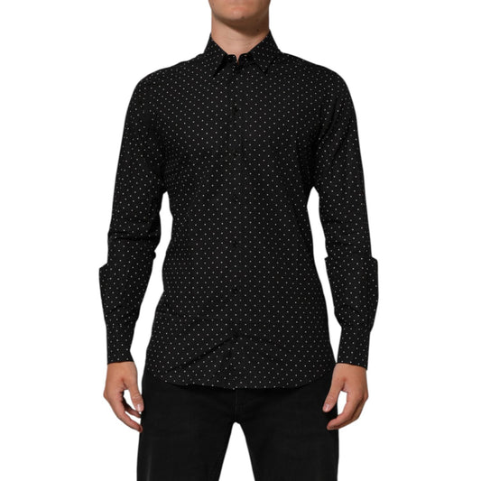 Dolce & Gabbana Black Polka Dot Cotton GOLD Men Formal Dress Shirt - elegant slim fit, perfect for formal occasions.