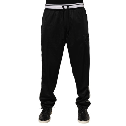 Dolce & Gabbana Black Polyester Logo Stripe Track Jogger Pants with white waistband and side stripes