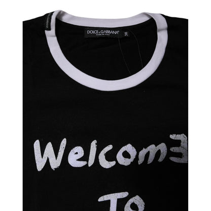 Dolce & Gabbana Black Printed Round Neck Top Cotton T-shirt