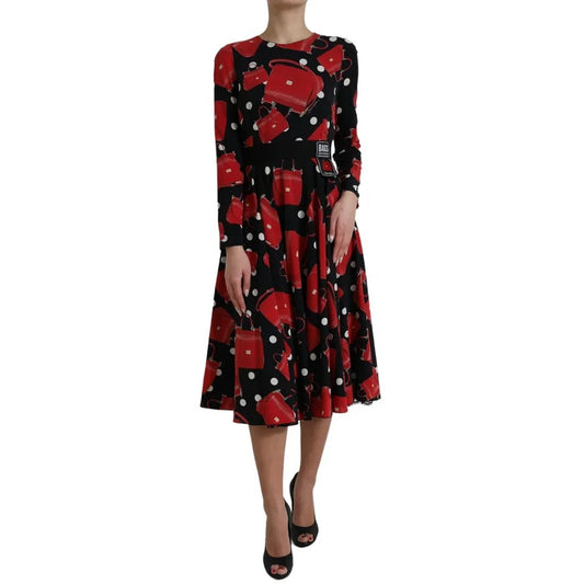Dolce & Gabbana Black Sicily Bag Print Flared Midi Dress with red, black, and white bag motif, fitted waist, and flared skirt.