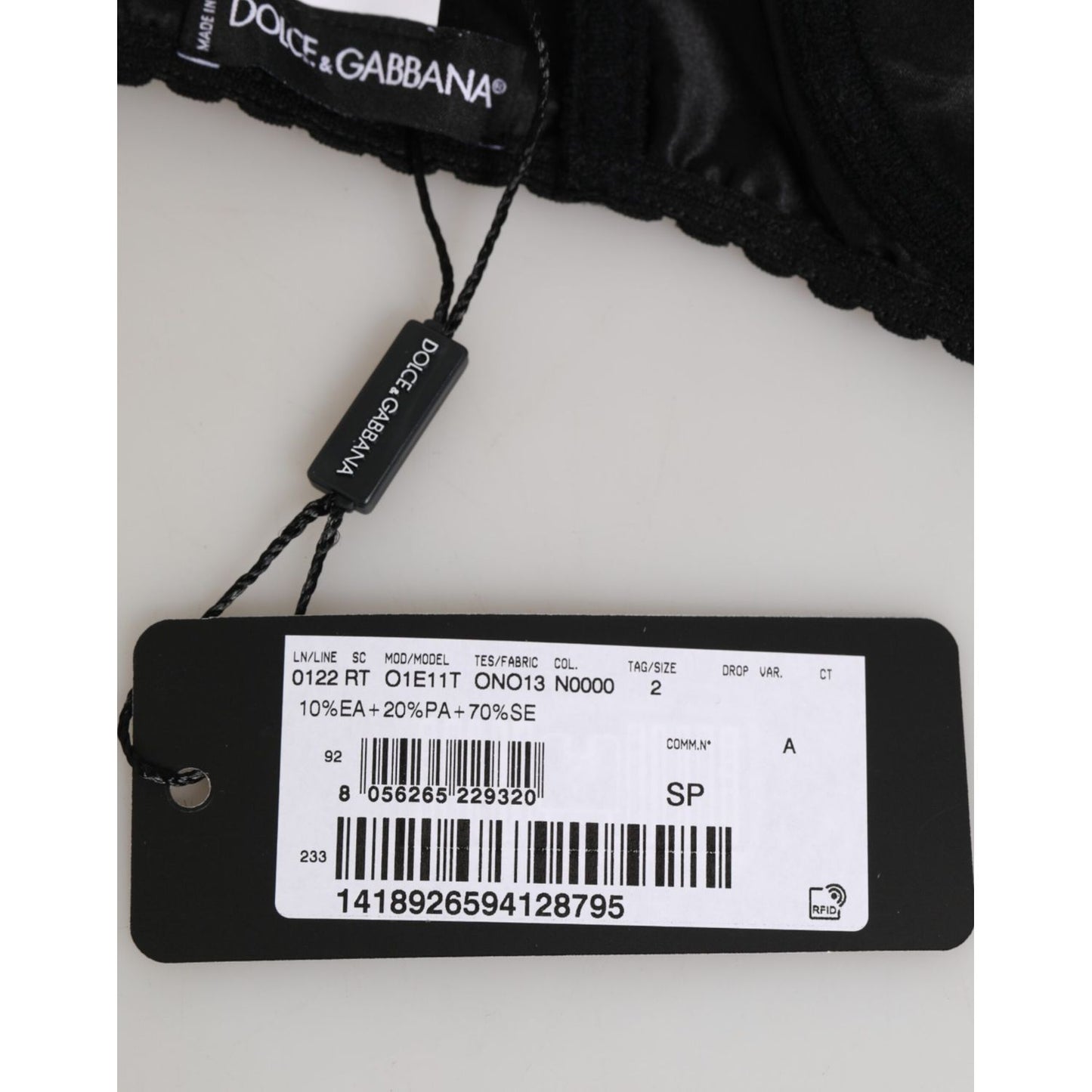 Dolce & Gabbana Black Silk Underwired Balconette Bra Underwear with tag and material details, showcasing luxury Italian craftsmanship.