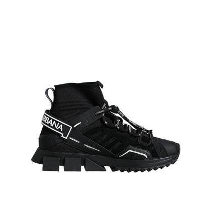 Dolce & Gabbana Black Sorrento Socks Logo Sneakers Shoes, luxurious sock-style sneaker with ridged sole and logo details.