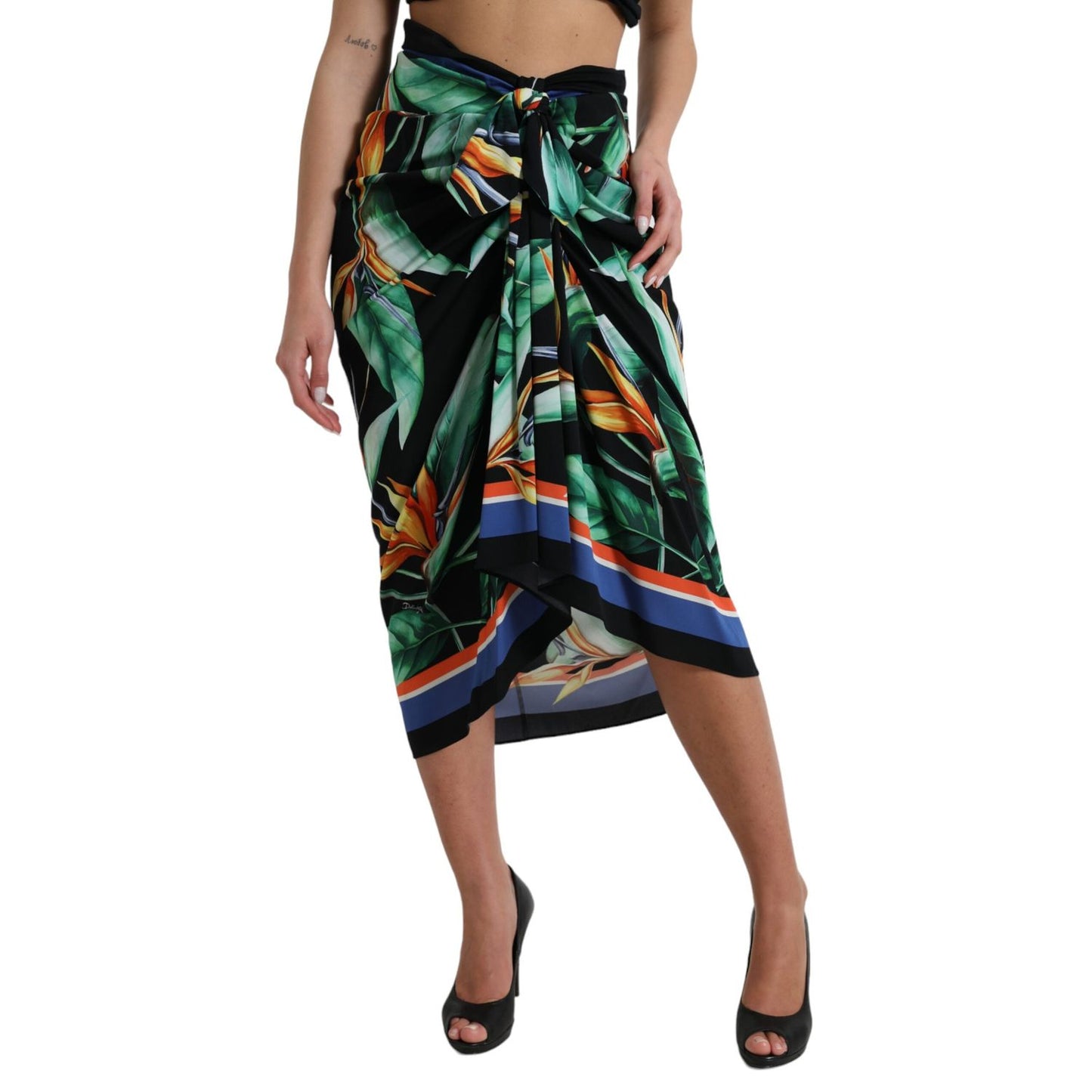 Dolce & Gabbana Black Strelitzia High Waist Wrap Midi Skirt