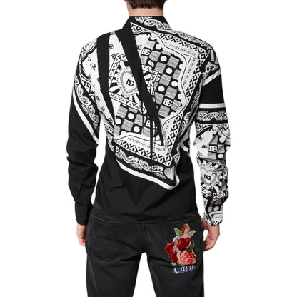 Dolce & Gabbana Black White Bandana MARTINI Casual Shirt with long sleeves and button closure, showcased on a model from the back view.