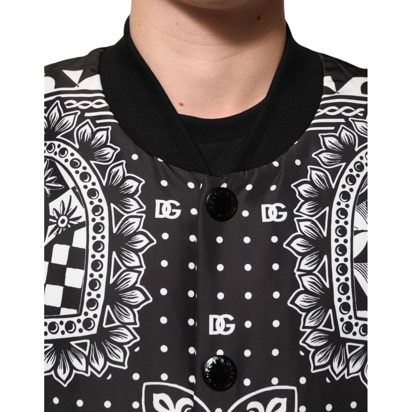 Dolce & Gabbana Black White Bandana Print Bomber Jacket with front button closure and ribbed details.