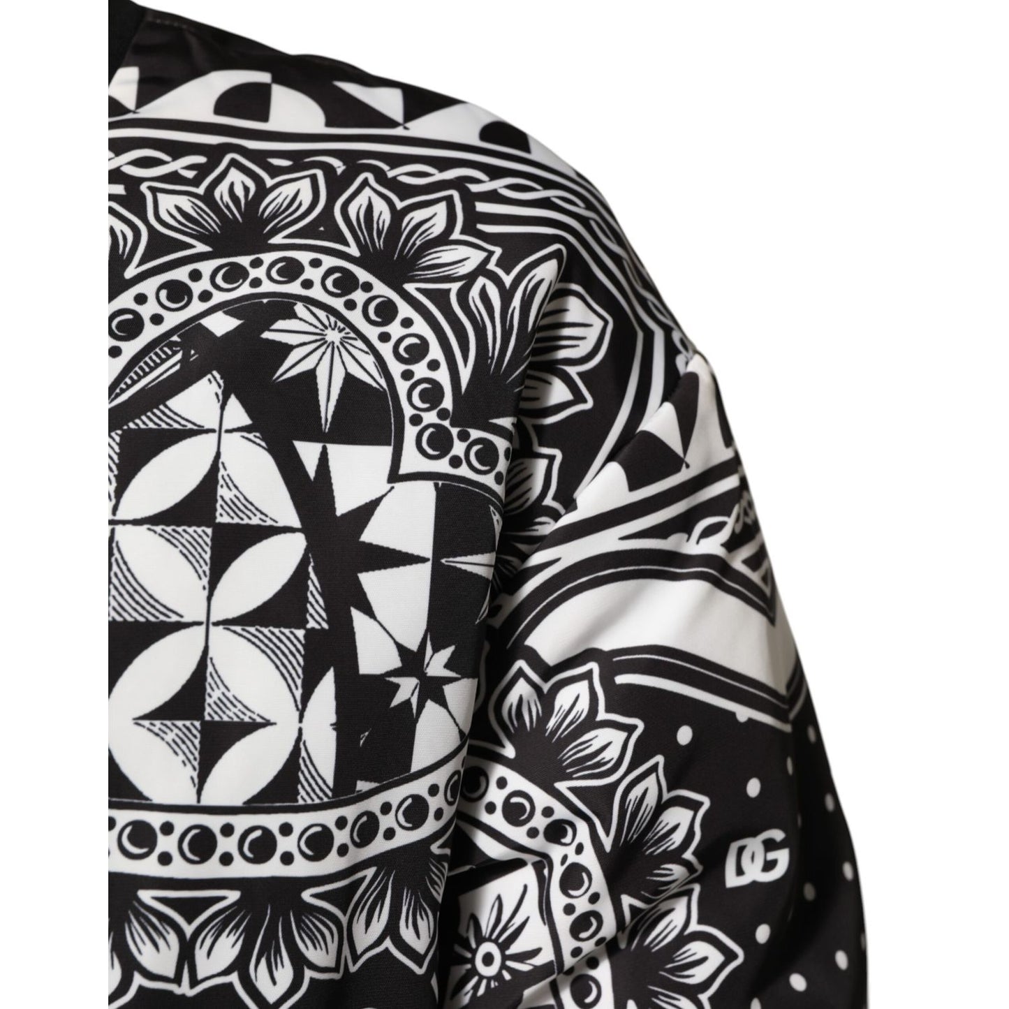 Detailed black and white bandana print on Dolce & Gabbana Black White Bandana Print Bomber Jacket, showcasing premium polyester fabric.