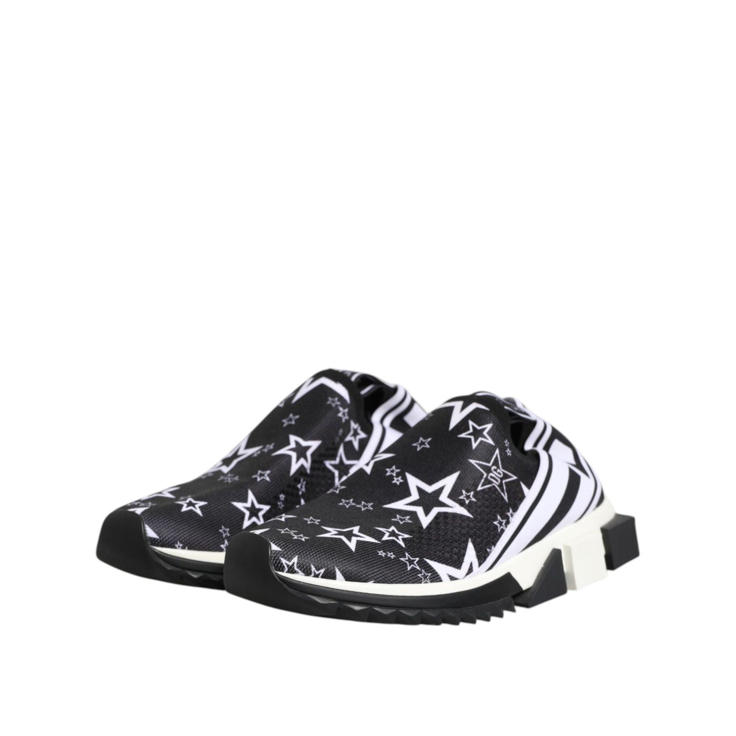 Dolce & Gabbana Black White Sorrento Low Top Sneakers Shoes with star pattern and rubber sole, made in Italy, luxury footwear.