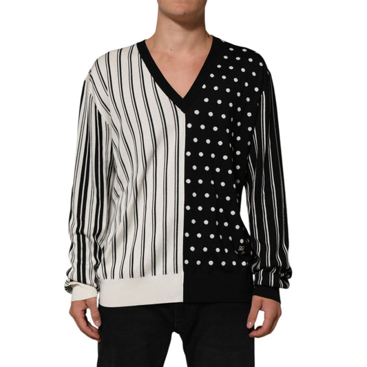 Dolce & Gabbana Black White Stripe Polka V-Neck Pullover Sweater featuring bold patterns and premium silk fabric.