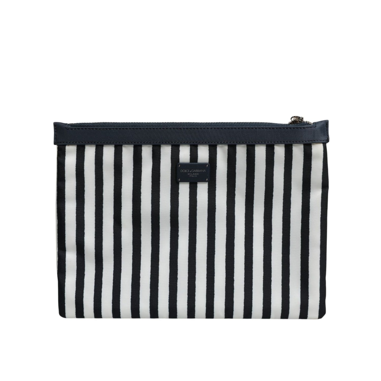 Dolce & Gabbana Black White Striped Logo Plaque Clutch Pouch Bag with zip closure and metal hardware.