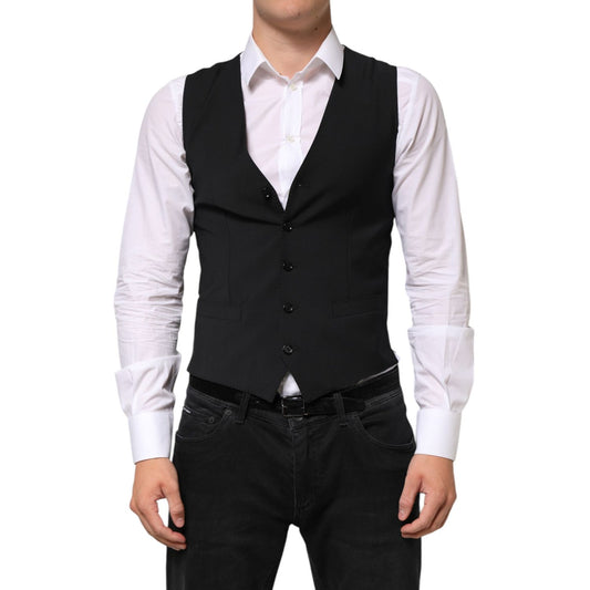 Dolce & Gabbana Black Wool Dress Formal Men Waistcoat Vest, tailored for elegance, adjustable back strap, classic style for formal occasions.