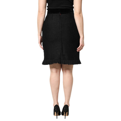 Dolce & Gabbana Black Wool Fringe High Waist Pencil Mini Skirt