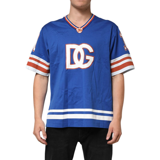 Dolce & Gabbana Blue Cotton DG Logo Mesh Jersey T-shirt with white and red accents, front view, worn by a model.