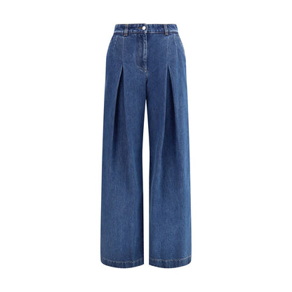 Dolce & Gabbana Blue Cotton Straight-Leg Jeans with center pleat, dart, and French pockets, elegant casual wear.