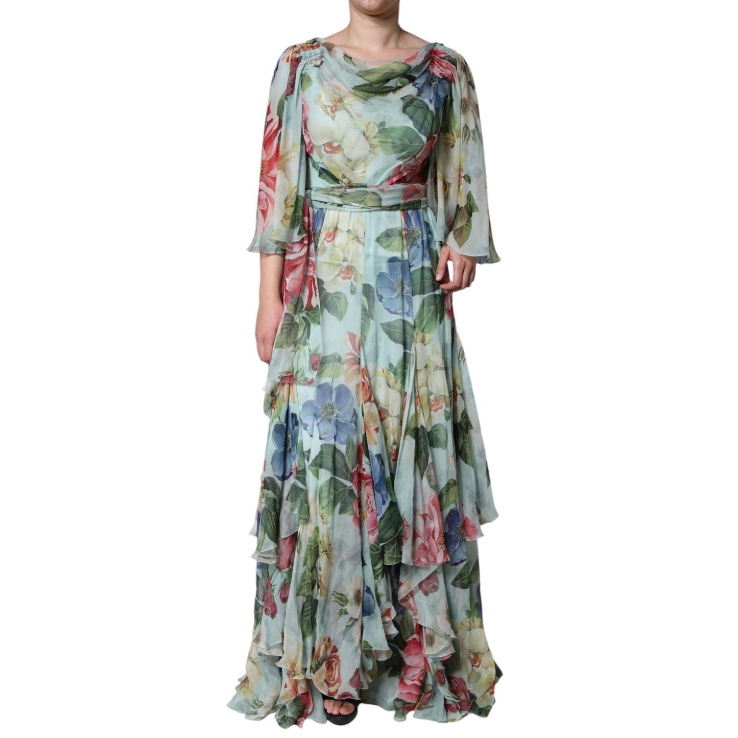Dolce & Gabbana Blue Floral Print Tiered Long Maxi Dress with multicolor floral design on a model, showcasing elegance and femininity.