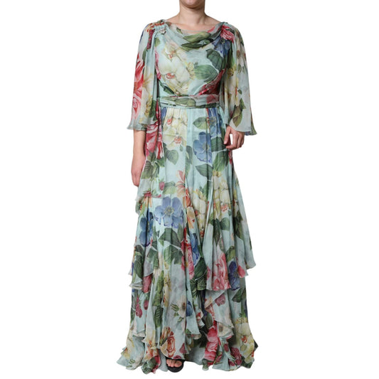 Dolce & Gabbana Blue Floral Print Tiered Long Maxi Dress with delicate flowers and flowing layers, perfect for elegant occasions.