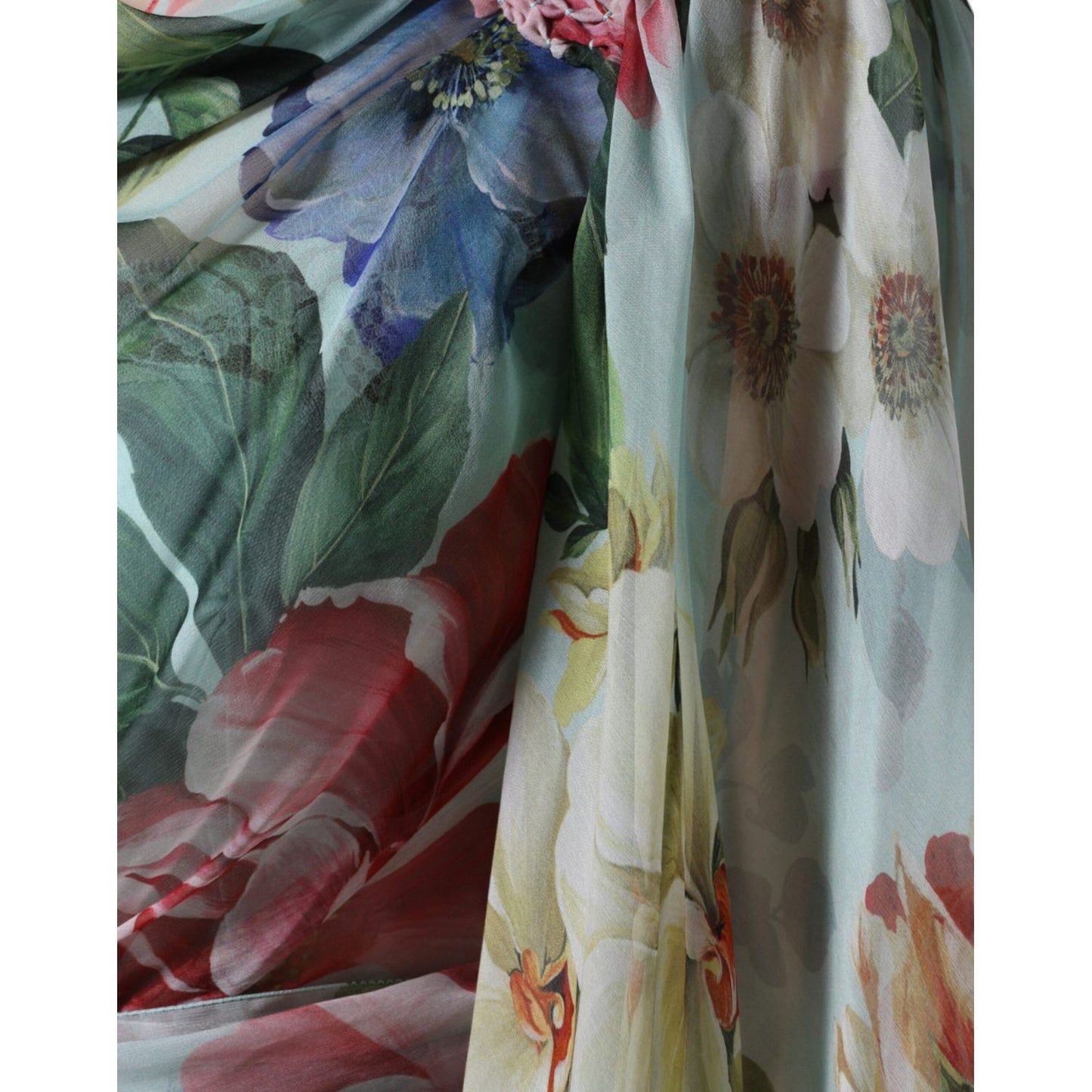Dolce & Gabbana Blue Floral Print Tiered Long Maxi Dress fabric close-up showcasing vibrant floral design