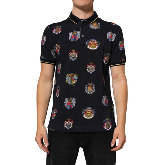 Dolce & Gabbana Blue Heraldic Crest Print Polo Shirt T-shirt with elegant design on a mannequin
