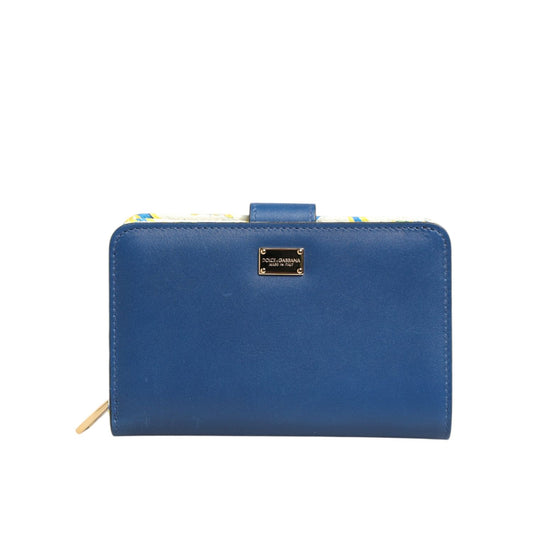 Dolce & Gabbana Blue Leather Continental Tile Print Zip Card Holder Purse Wallet with gold accents