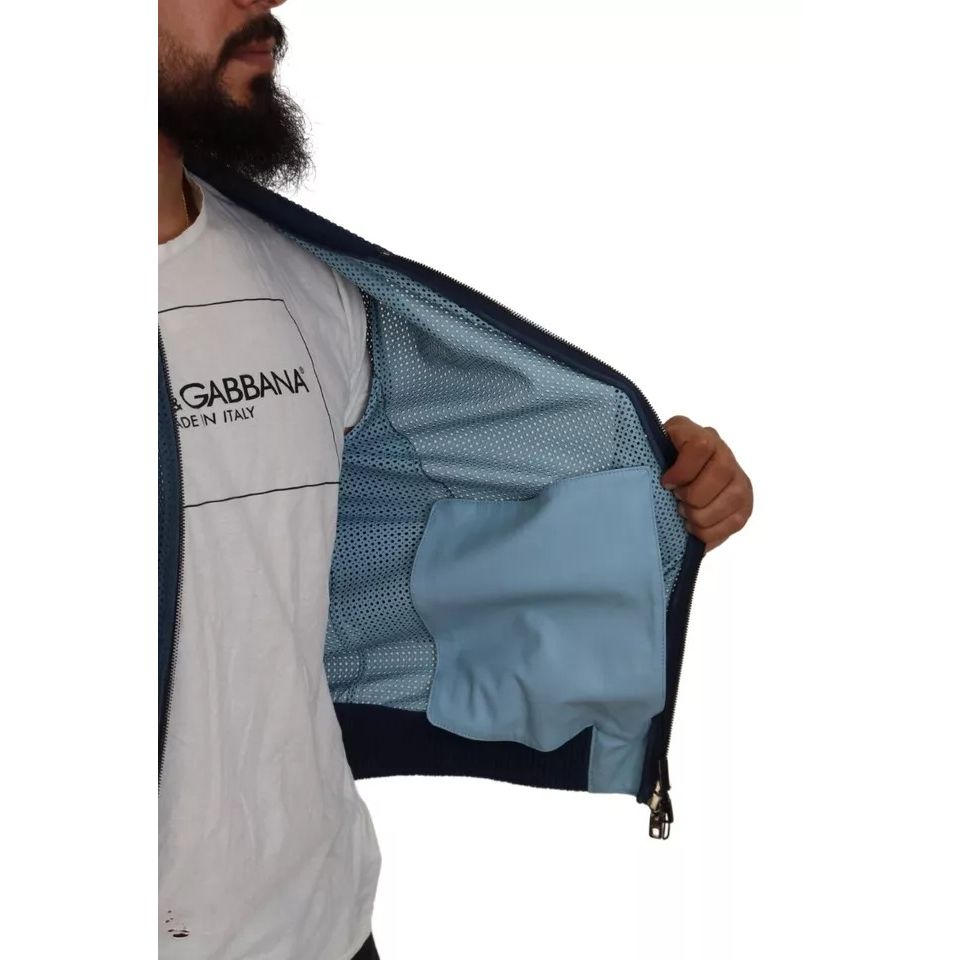 Dolce & Gabbana Blue Leather Perforated Full Zip Jacket Dolce & Gabbana