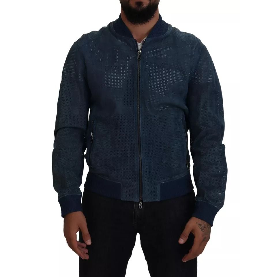 Dolce & Gabbana Blue Leather Perforated Full Zip Jacket Dolce & Gabbana
