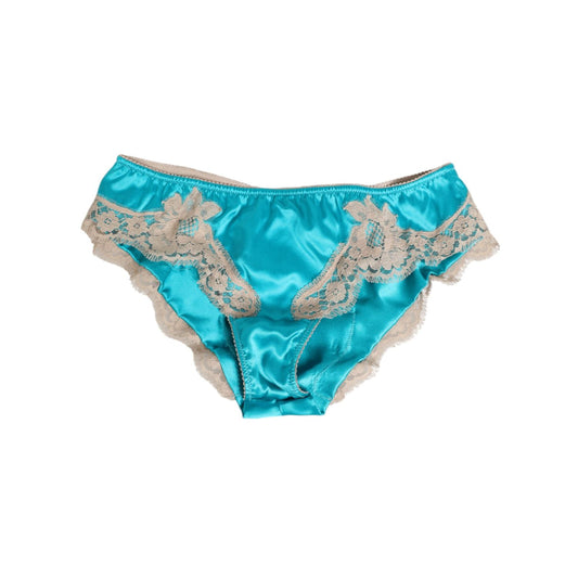 Dolce & Gabbana Blue Silk Satin Floral Lace Trim New Slip Underwear crafted in silk with lace detailing for luxury and comfort.