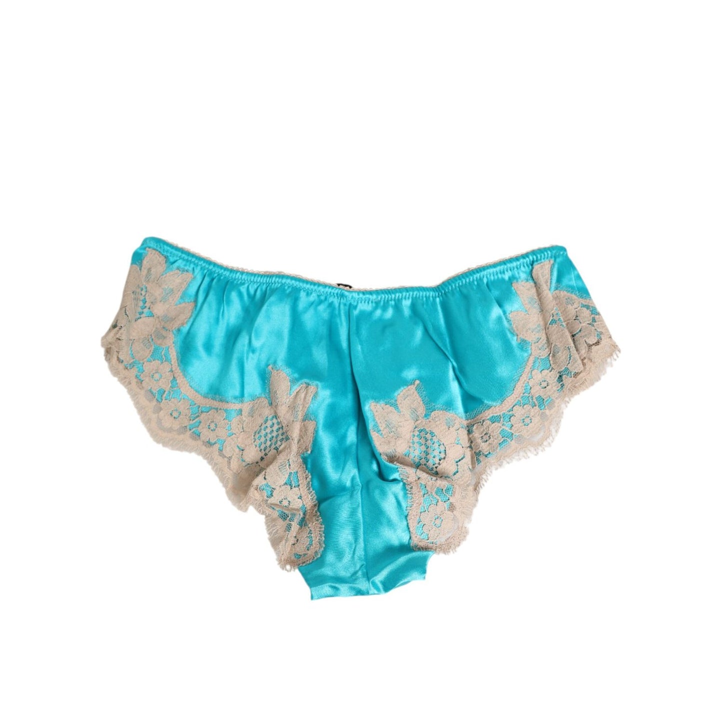 Dolce & Gabbana Blue Silk Satin Lace Trim New Slip Underwear with beige lace detail, elegant and feminine design, made in Italy.