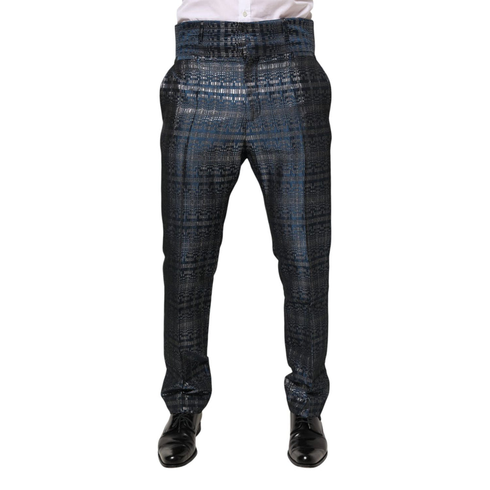 Dolce & Gabbana Blue Silver Shiny Silk Skinny Men Trouser Pants for fashion-forward look.