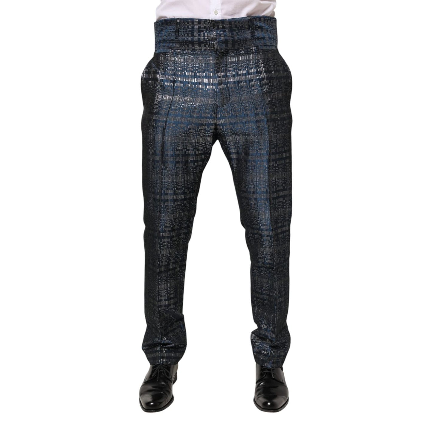 Dolce & Gabbana Blue Silver Shiny Silk Skinny Men Trouser Pants featuring luxurious Italian craftsmanship and bold elegance.