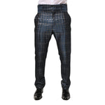 Dolce & Gabbana Blue Silver Shiny Silk Skinny Men Trouser Pants featuring luxurious Italian craftsmanship and bold elegance.