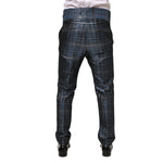 Dolce & Gabbana Blue Silver Shiny Silk Skinny Men Trouser Pants rear view showcasing luxurious fabric and sleek design.