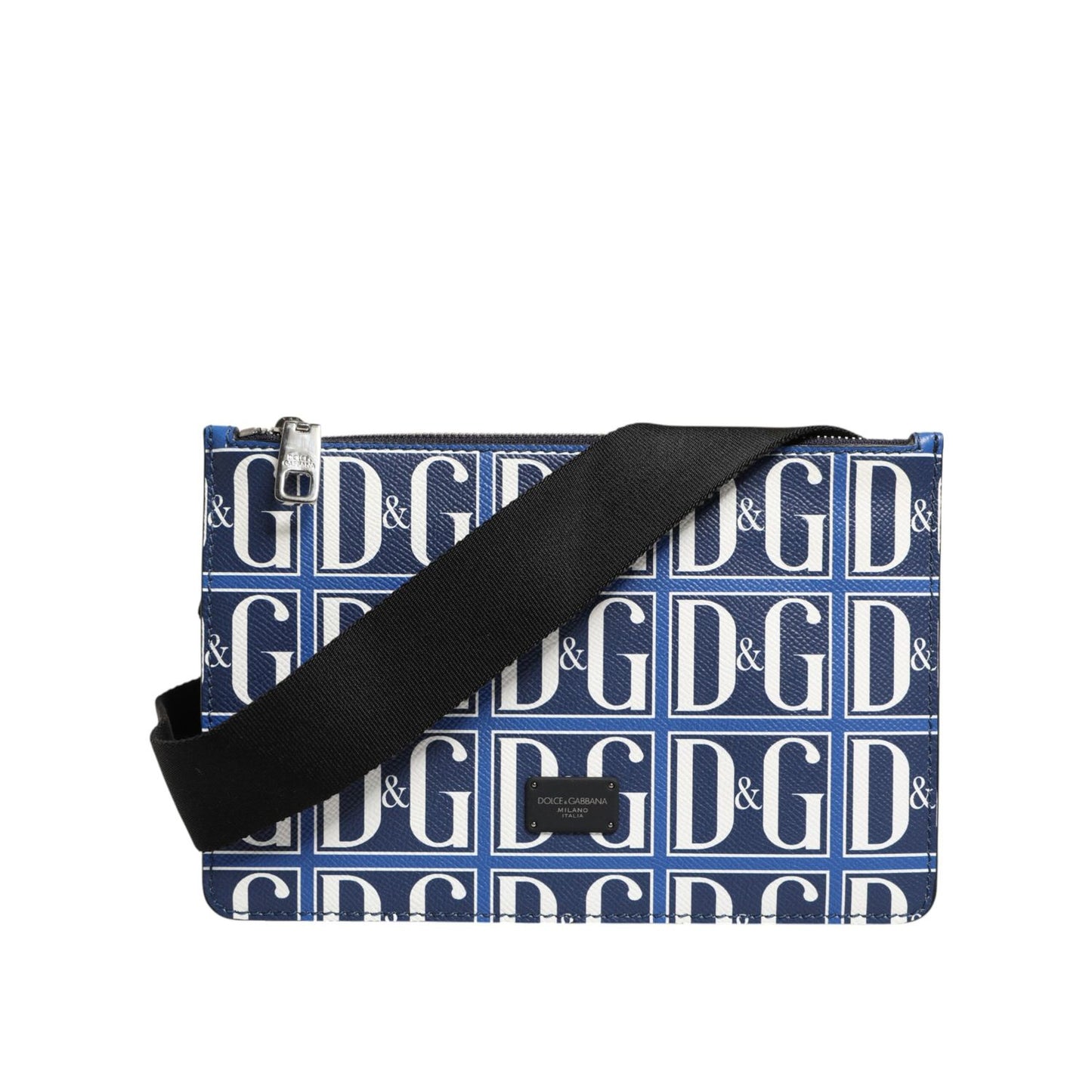 Dolce & Gabbana Blue White Leather D&G Logo Plaque Crossbody Borse Bag with zipper closure, made in Italy.