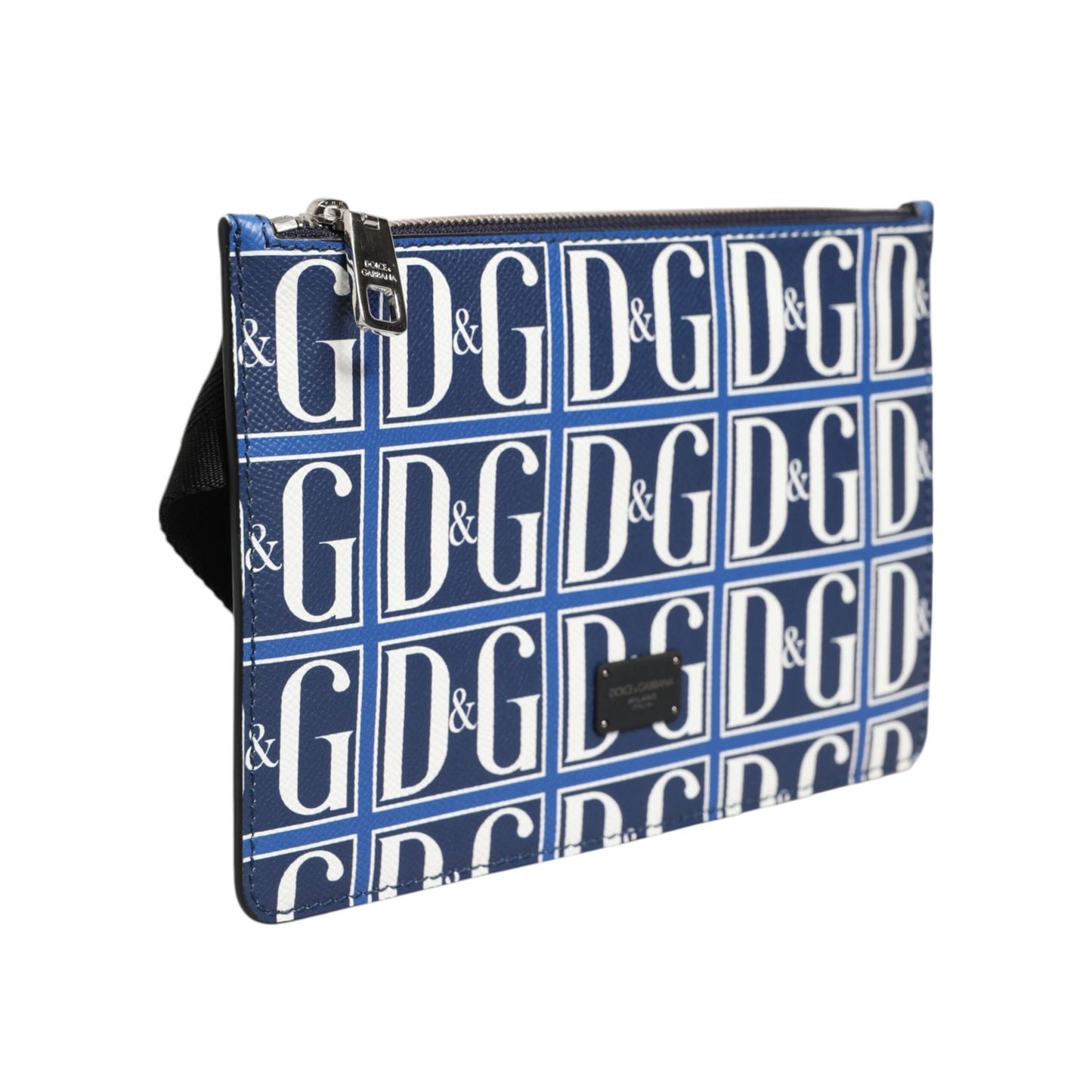 Dolce & Gabbana Blue White Leather D&G Logo Plaque Crossbody Borse Bag with zipper and logo details on display