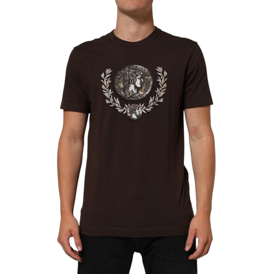 Dolce & Gabbana Brown Coin Laurel Print Men Crew Neck T-shirt on model, featuring short sleeves and intricate regal design, premium cotton.