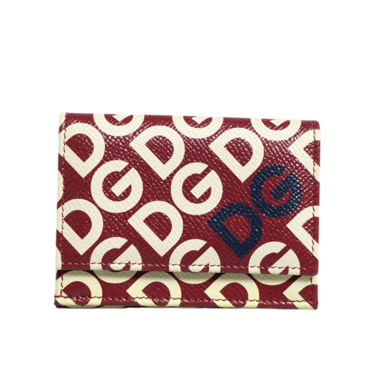 Dolce & Gabbana Burgundy Logo Print Calf Leather French Flap Card Holder Wallet in DG Mania design.