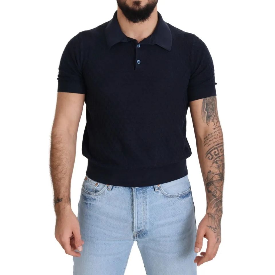 Dolce & Gabbana Dark Blue Collared Polo Casual Silk T-shirt worn by model, featuring short sleeves and regular fit.