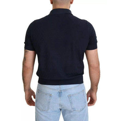 Back view of a person wearing a Dolce & Gabbana Dark Blue Collared Polo Casual Silk T-shirt, showcasing the short sleeves and collared neckline.
