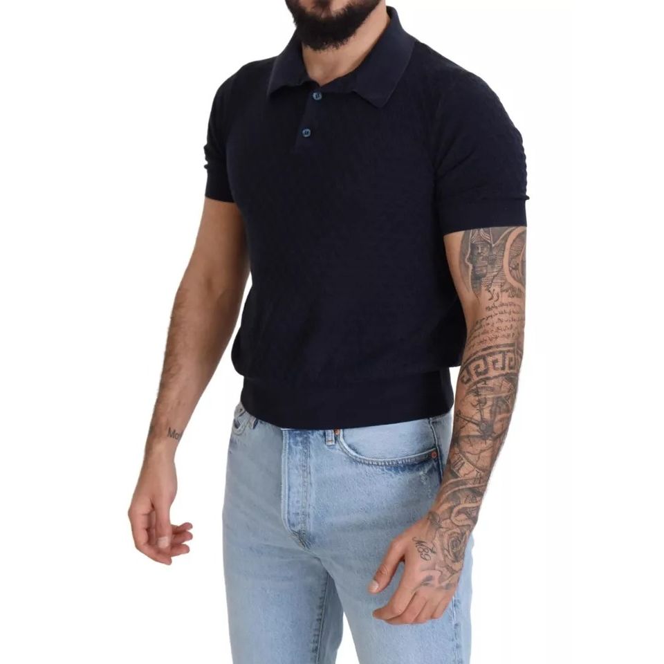 Person wearing Dolce & Gabbana Dark Blue Collared Polo Casual Silk T-shirt with short sleeves.