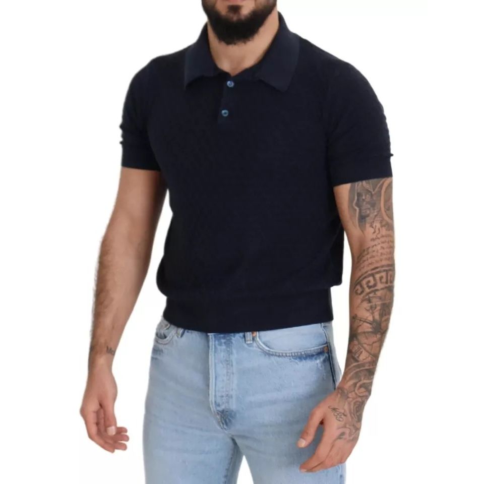 Dolce & Gabbana Dark Blue Collared Polo Casual Silk T-shirt with short sleeves, preowned with tags, modeled by a person, regular fitting.