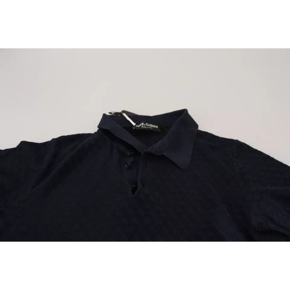 Dolce & Gabbana Dark Blue Collared Polo Casual Silk T-shirt with short sleeves and logo embellishment, made in Italy.