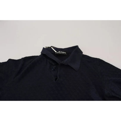 Dolce & Gabbana Dark Blue Collared Polo Casual Silk T-shirt with short sleeves and logo embellishment, made in Italy.